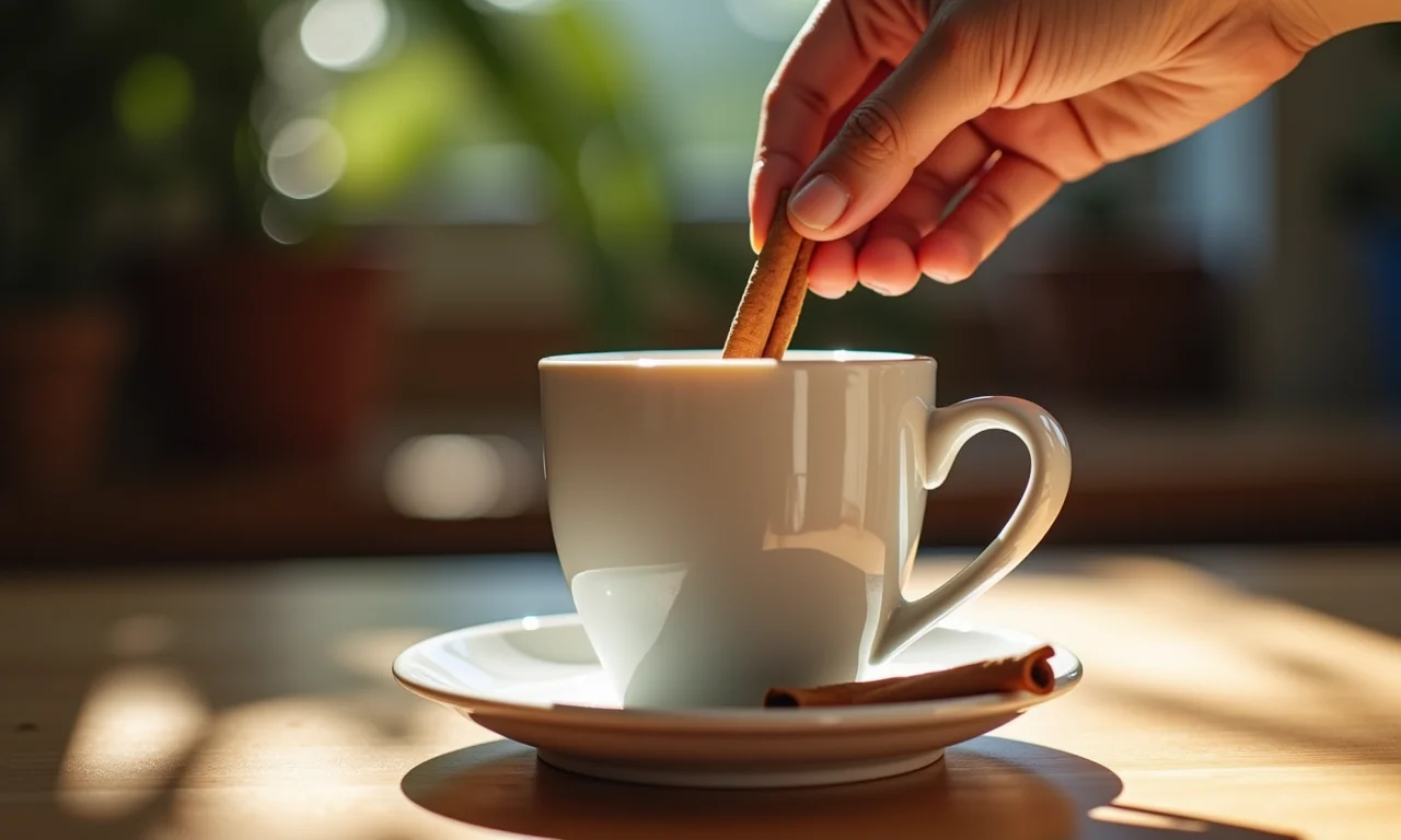 Adicionando canela em pau a uma xícara de café.
