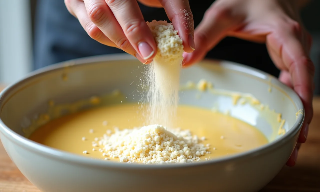 Adicionando fermento biológico seco à massa de blinis.