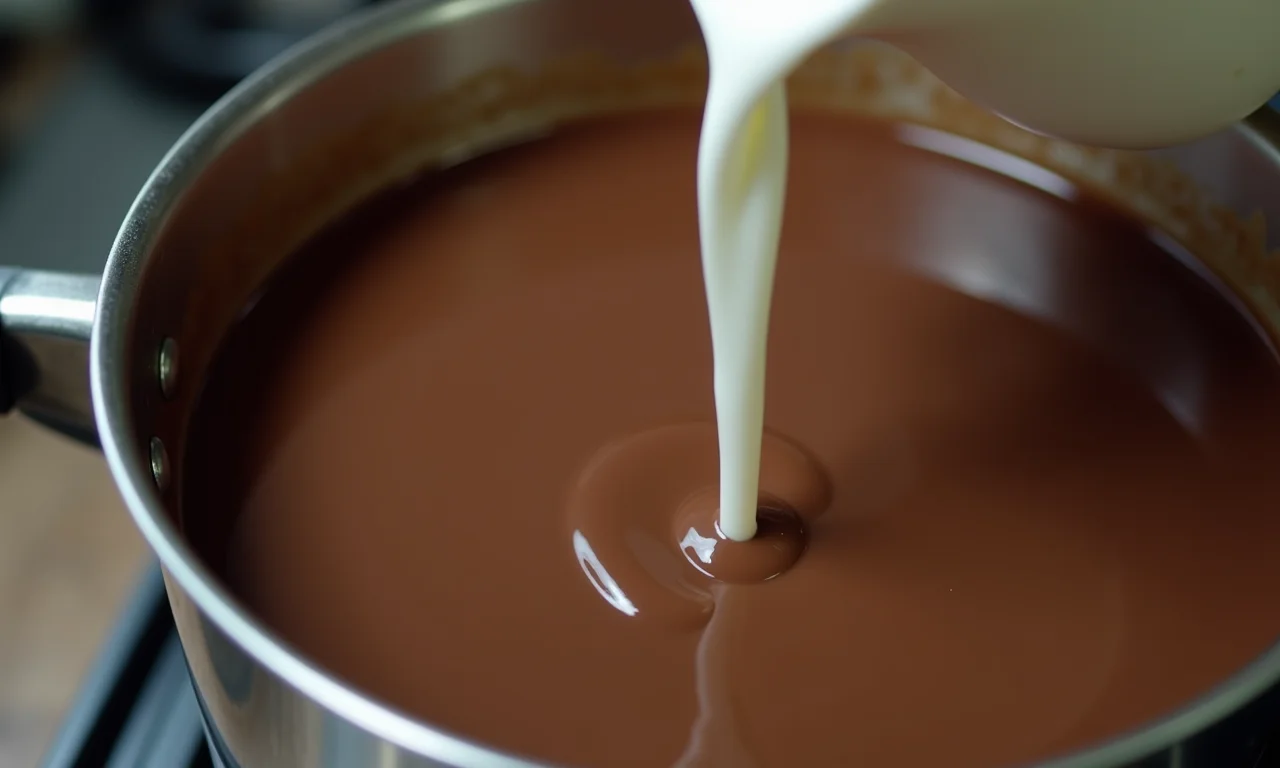 Adicionando leite a um chocolate quente muito grosso para ajustar a consistência.