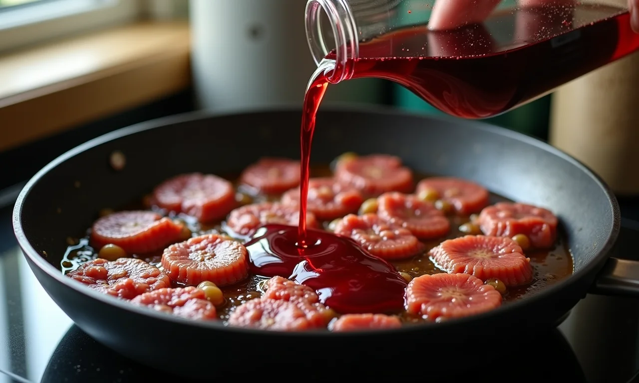 Adicionando vinho tinto à carne de panela.