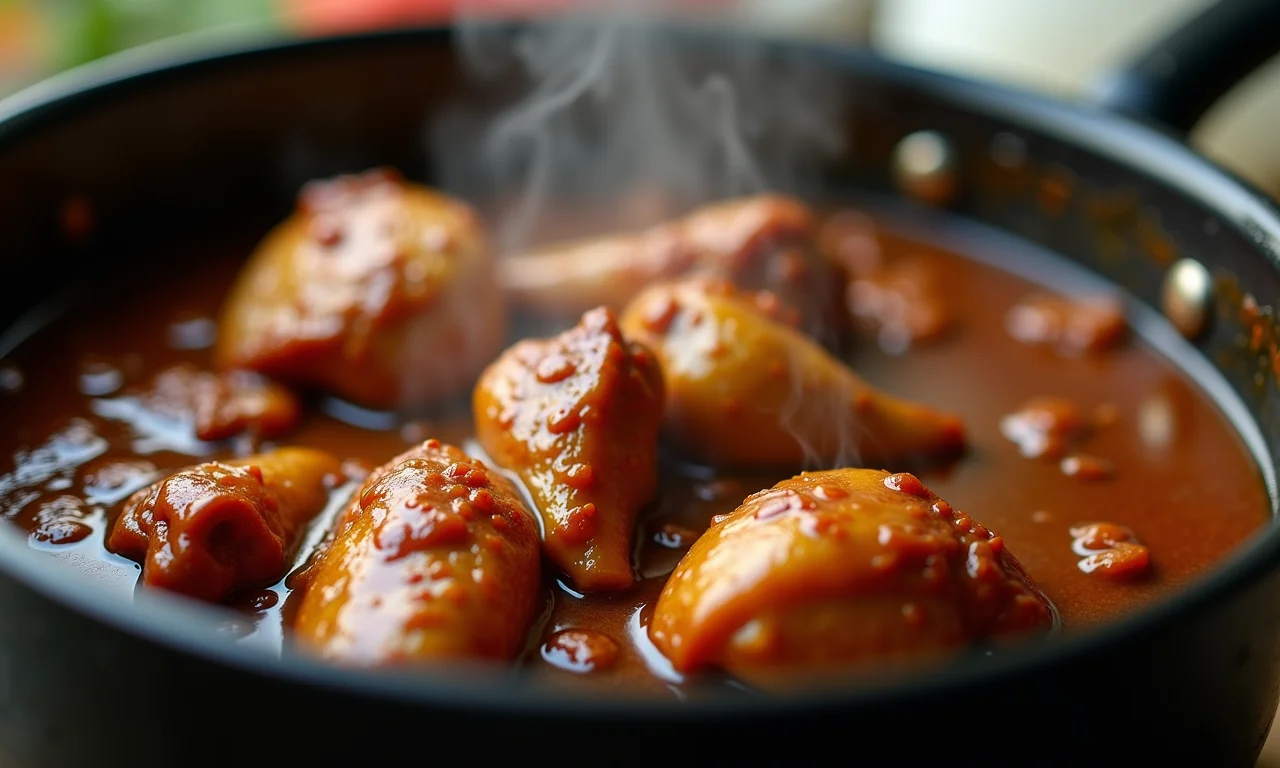 Adobo de frango clássico cozinhando lentamente, com especiarias aromáticas.