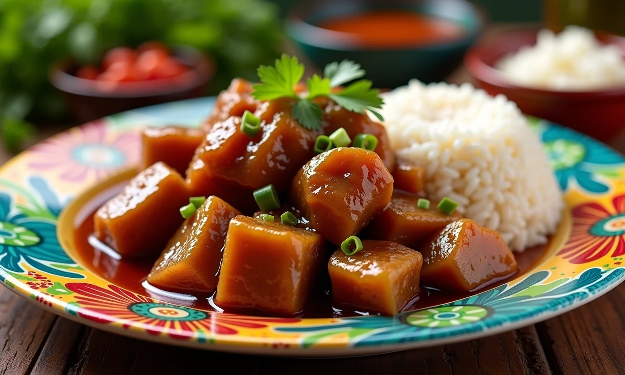 Adobo de porco agridoce servido em prato colorido com arroz.