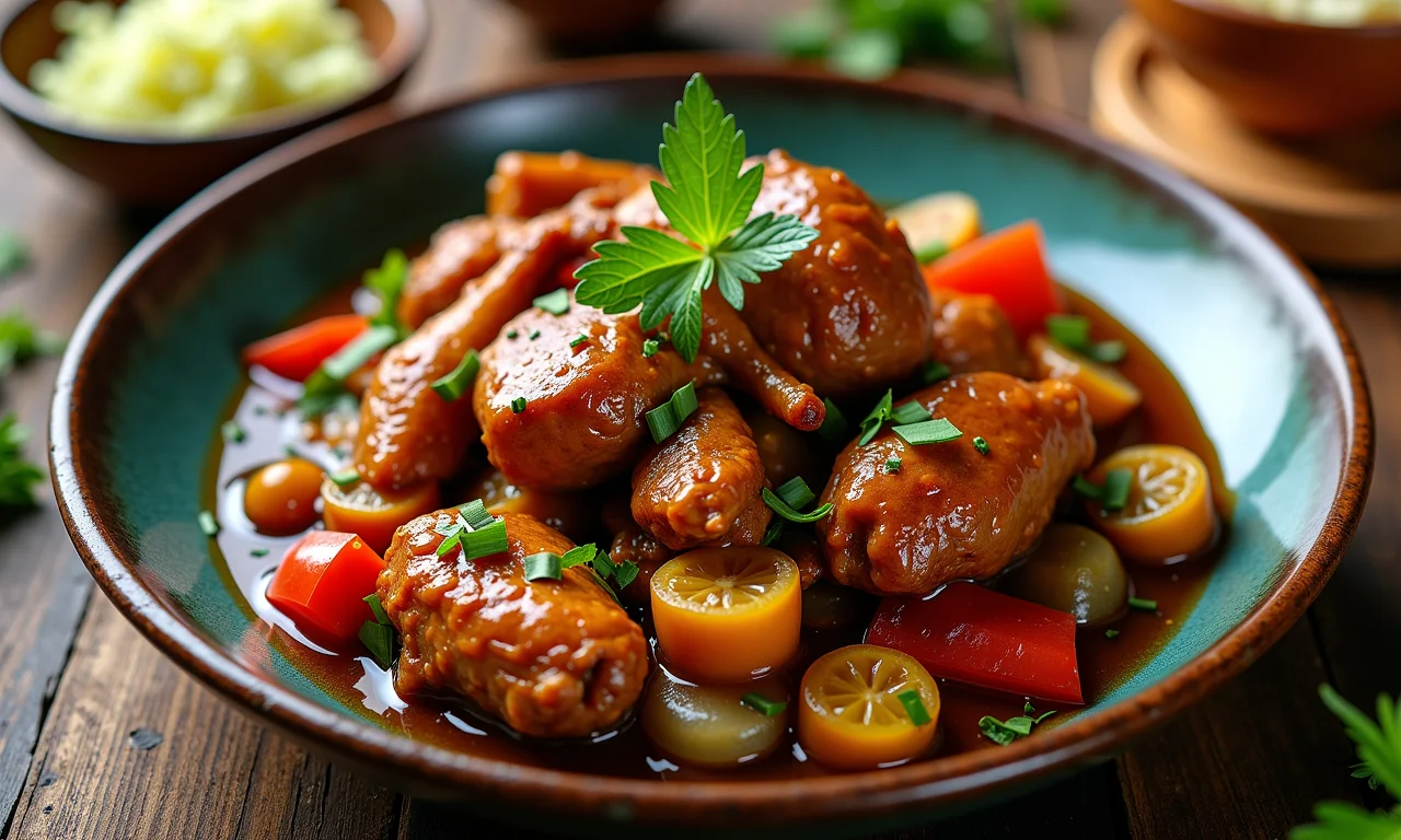 Adobo filipino autêntico com frango e legumes, servido em mesa rústica.