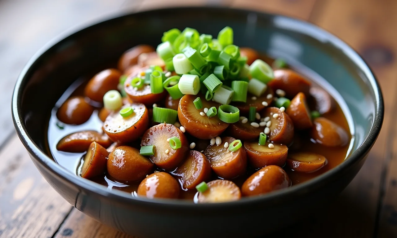 Adobo vegano de cogumelos servido em tigela com cebolinha e gergelim.