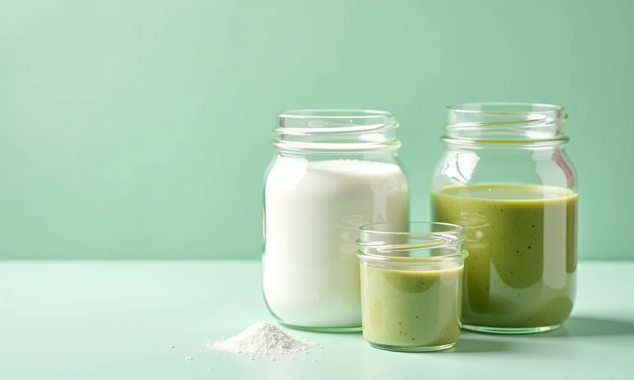 Adoçantes naturais xilitol, eritritol e stevia em potes de vidro.