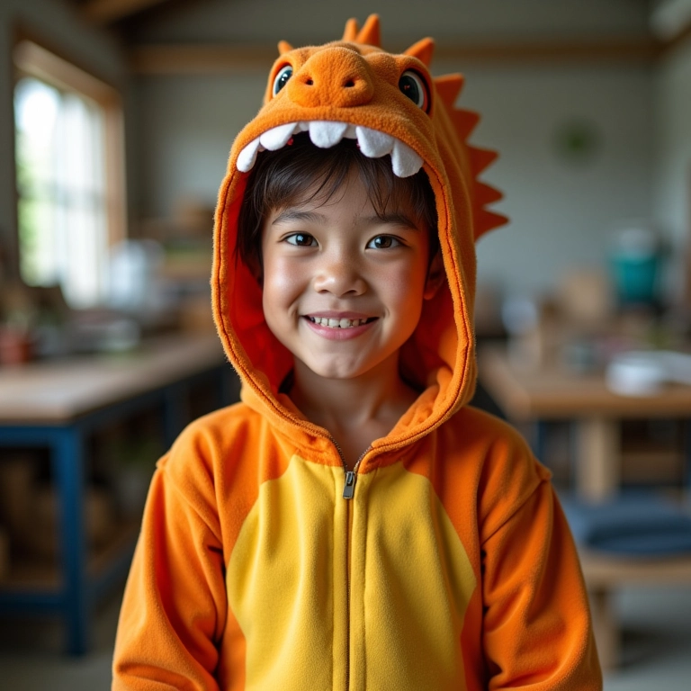 Adulto feliz usando fantasia de dinossauro com capuz em oficina iluminada.