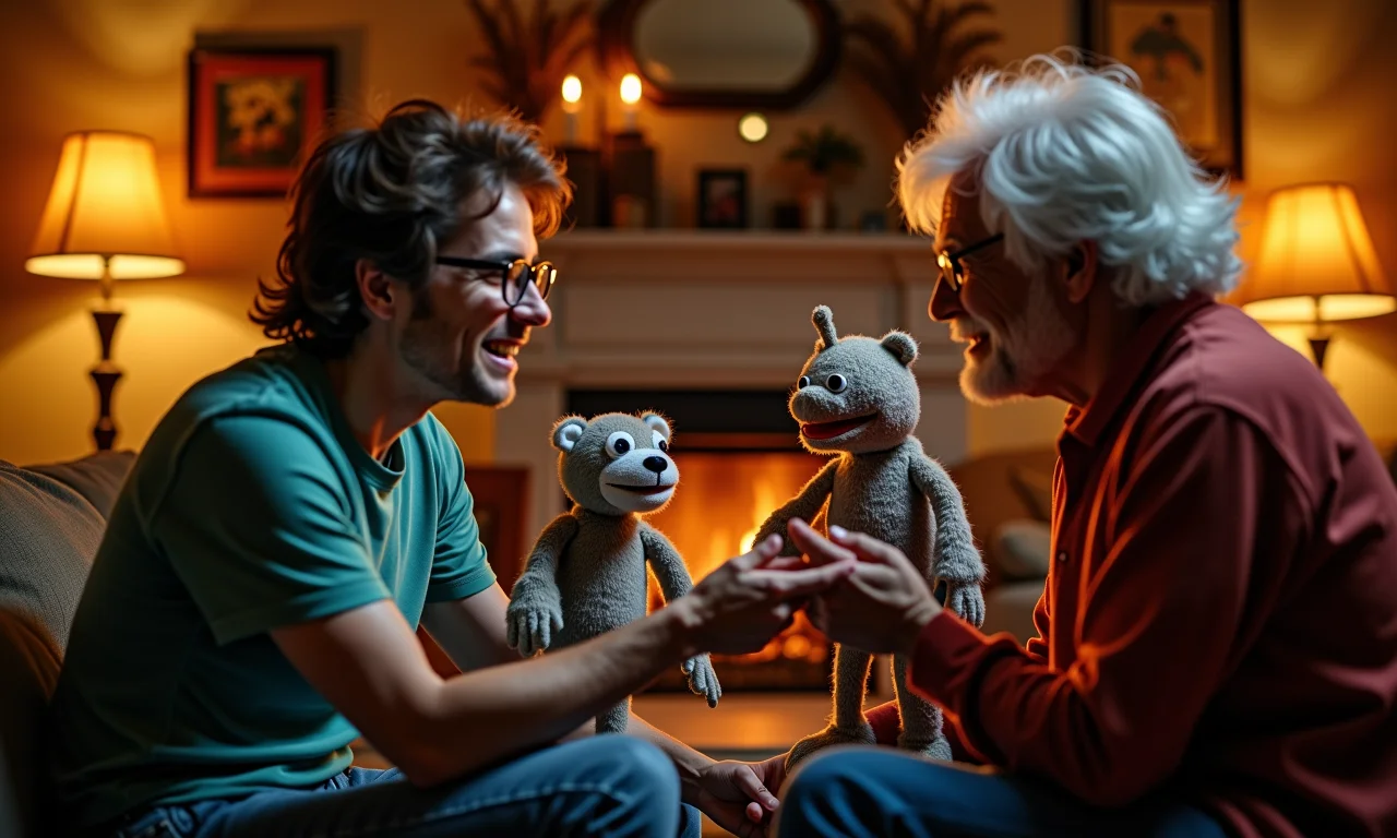 Adultos apresentando um teatro de fantoches na sala de estar.