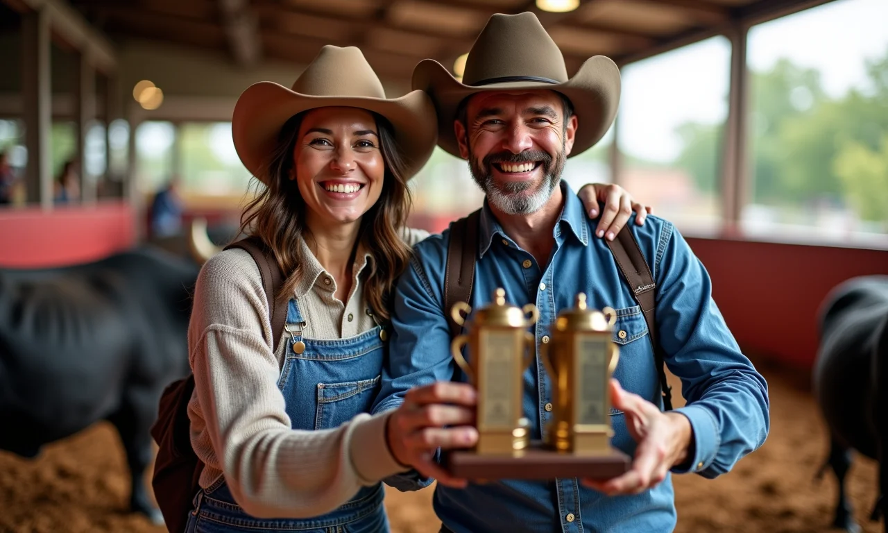 Adultos comemorando a vitória em um desafio de touro mecânico.
