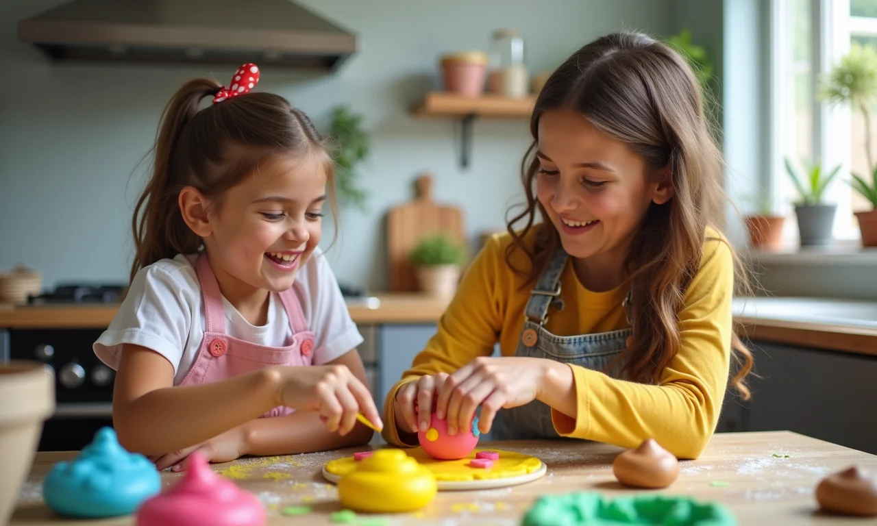 Adultos fazendo massinha caseira em uma cozinha colorida.