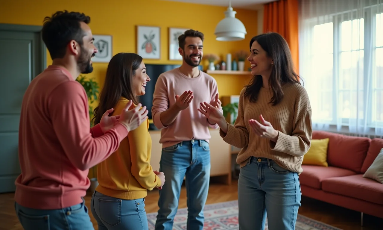 Adultos jogando um animado jogo de mímica em uma sala vibrante.