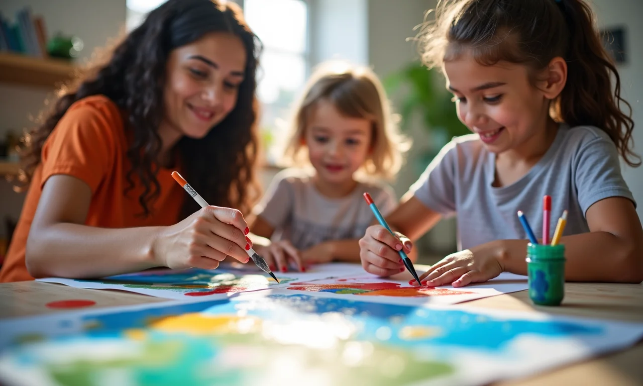 Adultos pintando com as mãos, criando obras de arte vibrantes juntos.