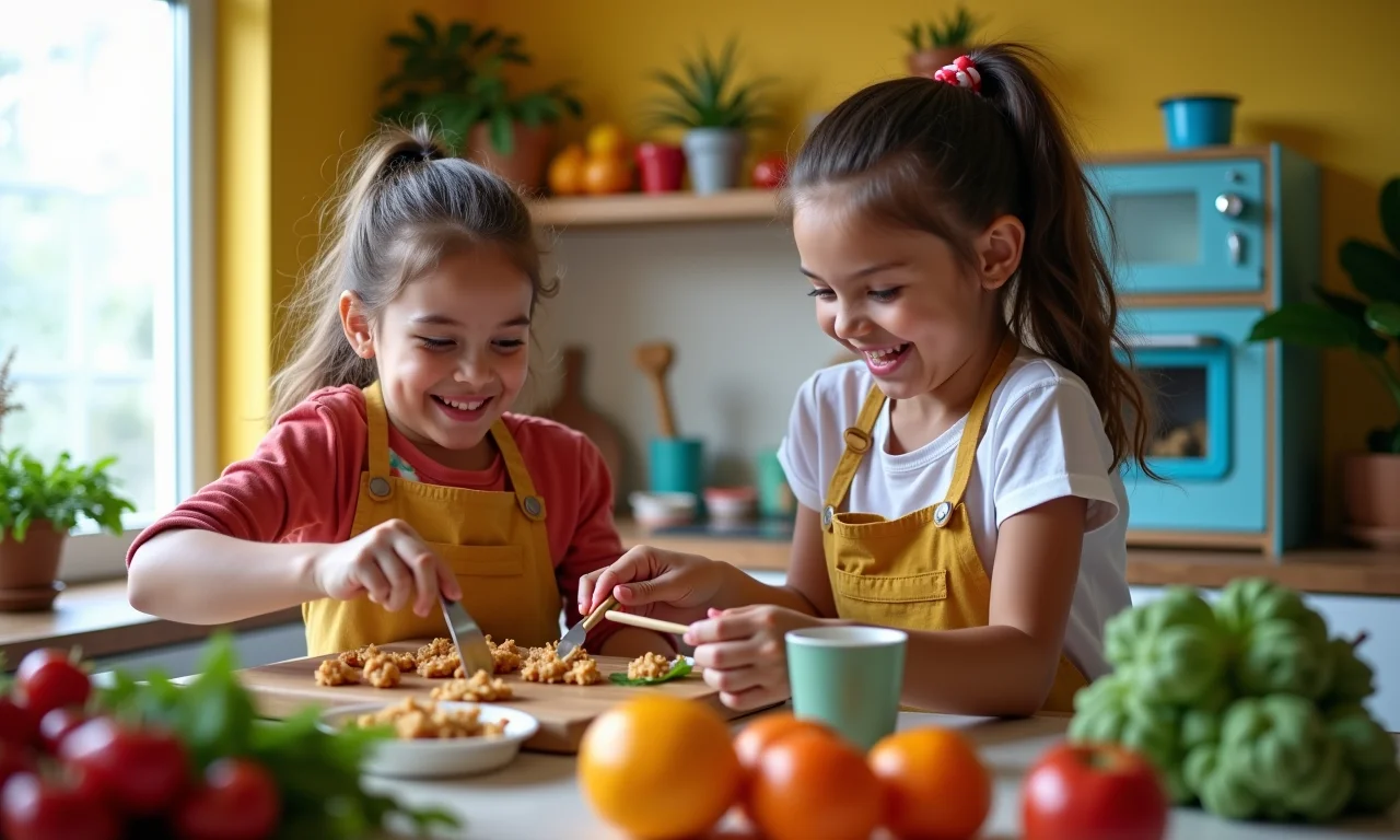 Adultos preparando comida com alegria em uma cozinha de brinquedo.