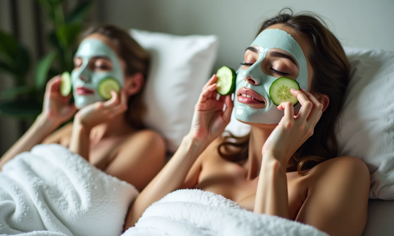 Adultos relaxando com máscaras faciais e pepinos durante um dia de spa em casa.