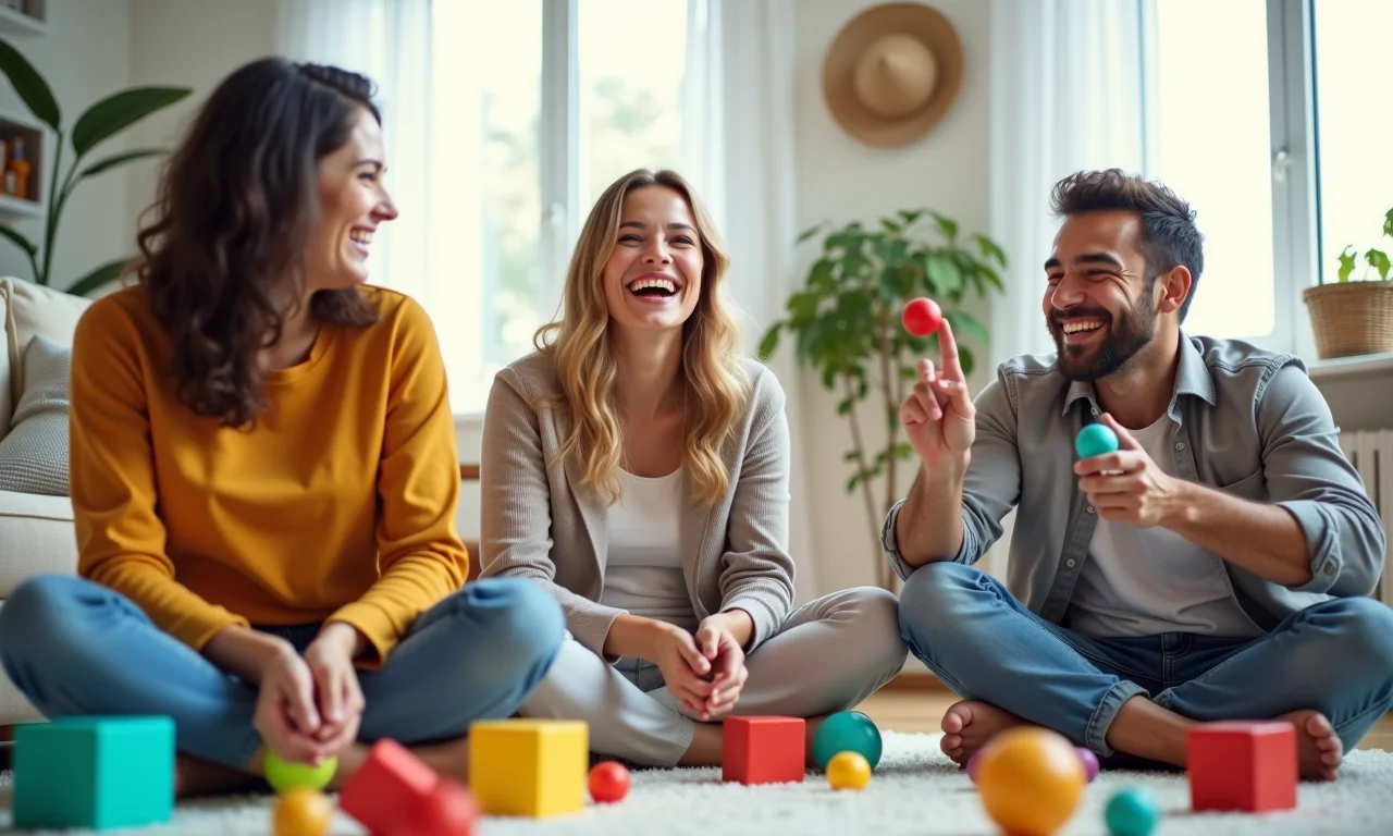 Adultos rindo e brincando em um espaço amplo e iluminado.