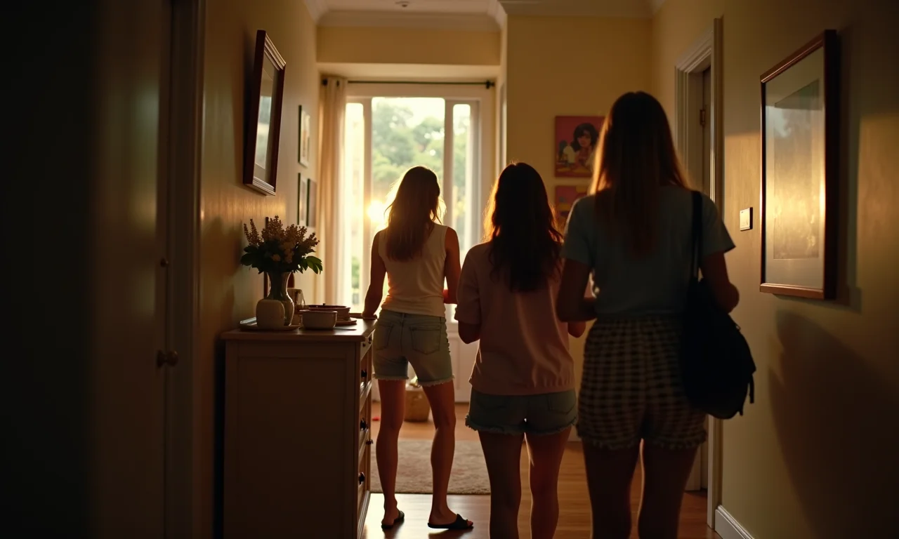 Adultos seguindo pistas durante uma caça ao tesouro em apartamento iluminado.