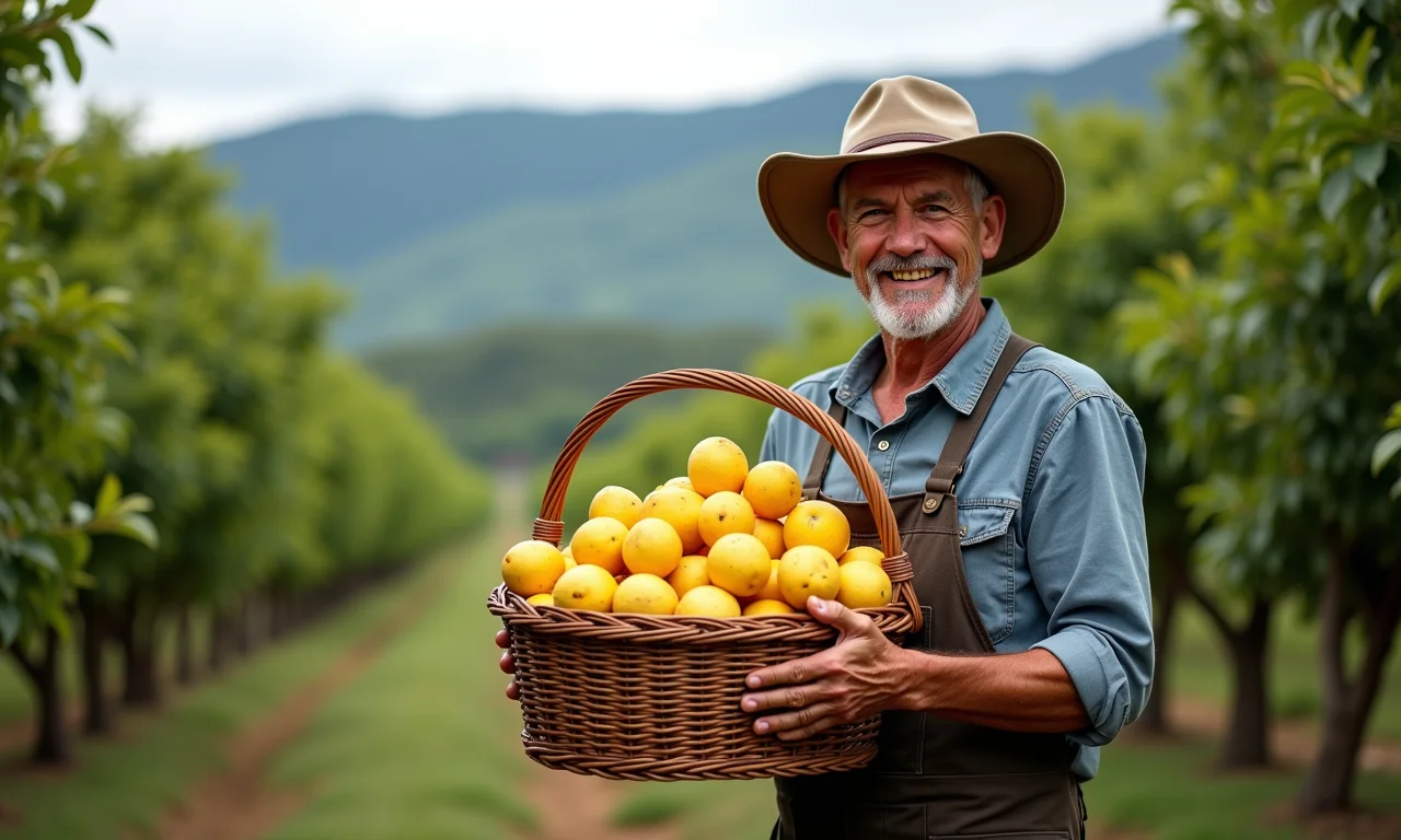 Agricultor colhendo cambuci em pomar, cesta cheia da fruta.
