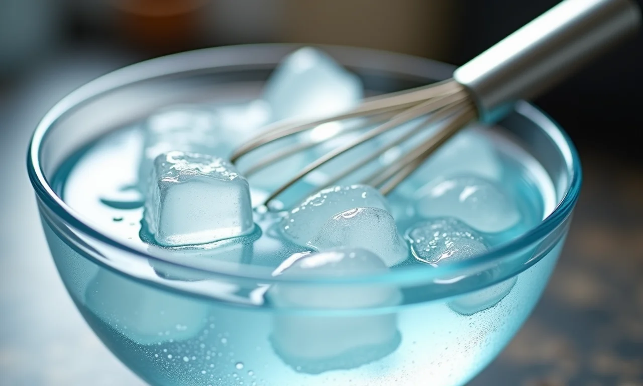 Água gelada com gelo em tigela de vidro para tempura.