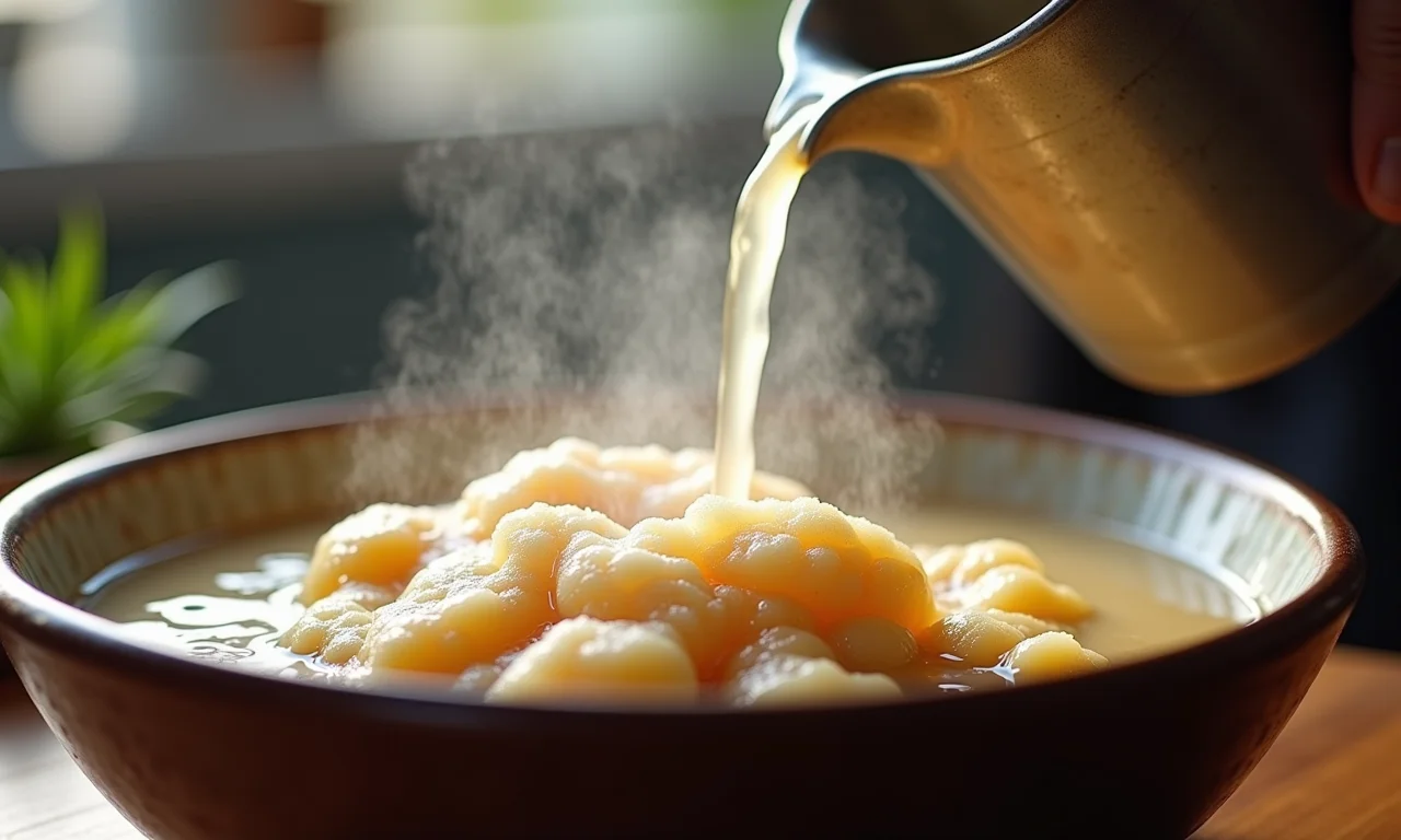 Água sendo adicionada à massa de coxinha.