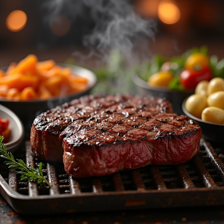 Alcatra na grelha com acompanhamentos, ambiente familiar.