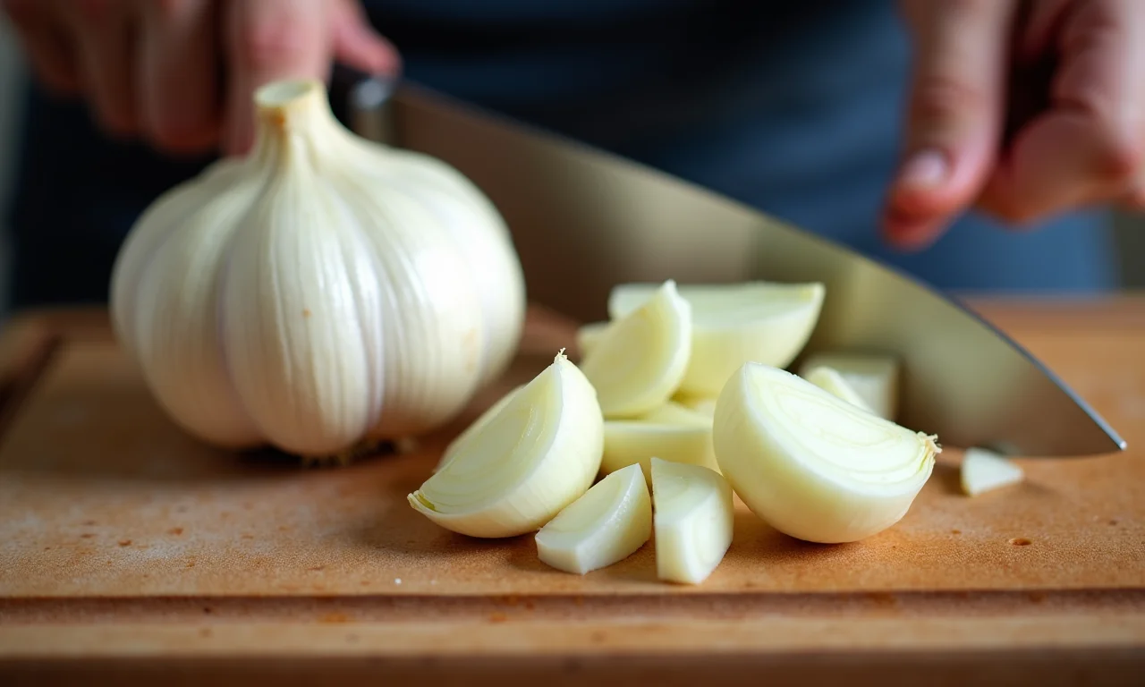Alho e cebola picados em tábua de madeira rústica.