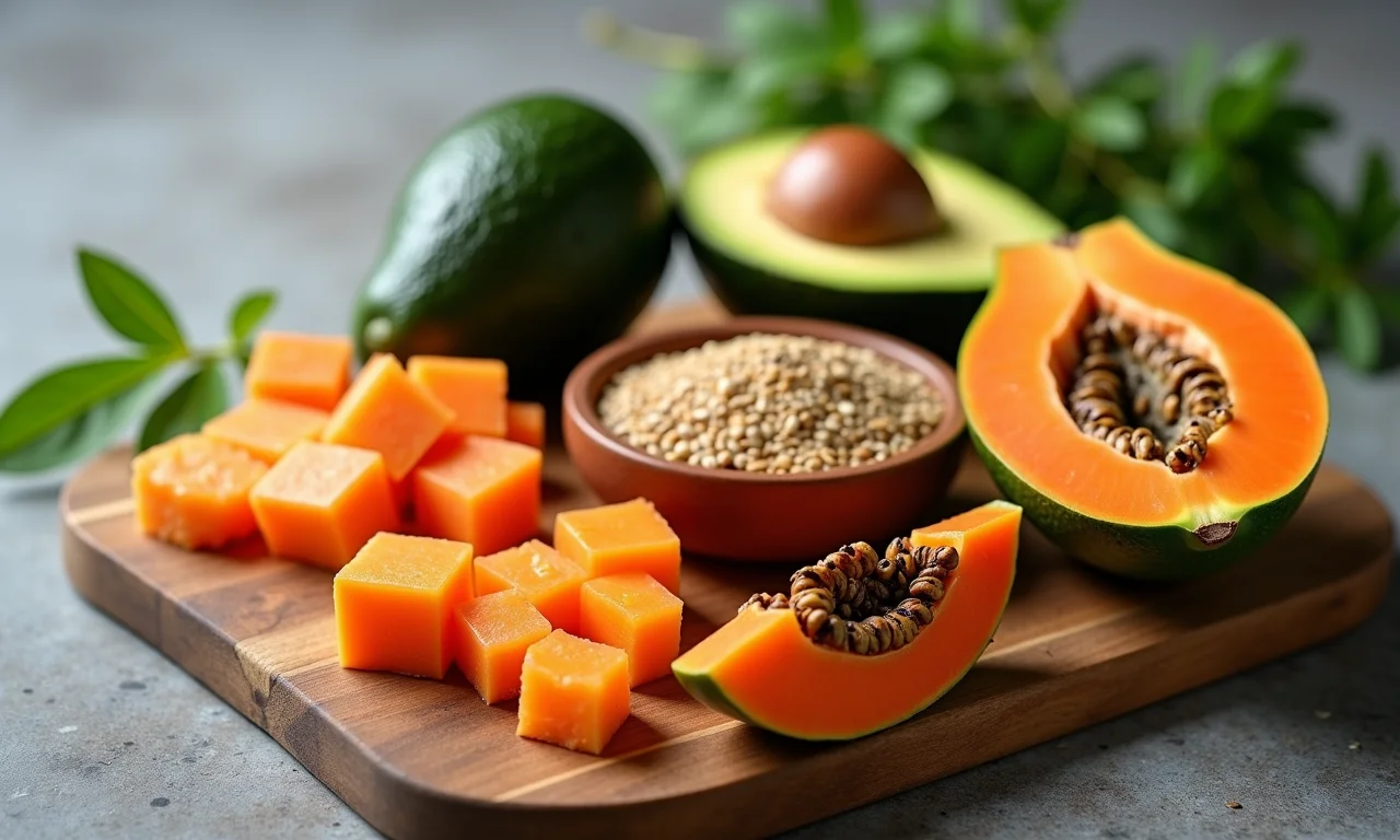 Alimentos que soltam o intestino, como mamão, abacate e linhaça, dispostos em tábua de madeira.