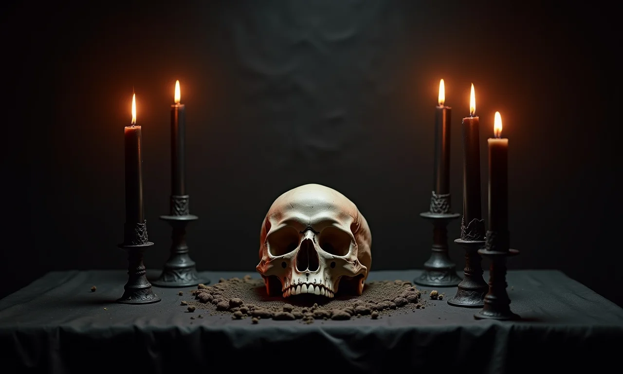 Altar com velas pretas e caveira para Pomba Gira da Calunga