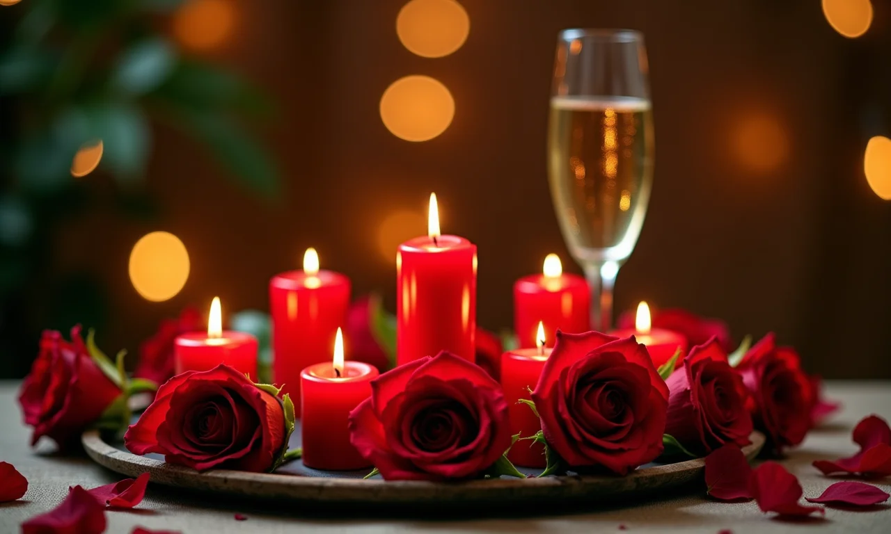 Altar simples para Pomba Gira com velas, rosas e champanhe