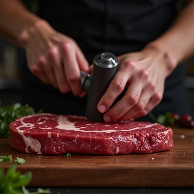 Amaciando a carne do bife com um martelo de carne.