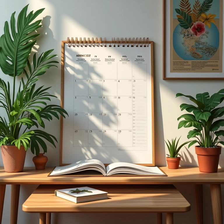 Ambiente de estudo agradável com calendário, plantas e decoração.