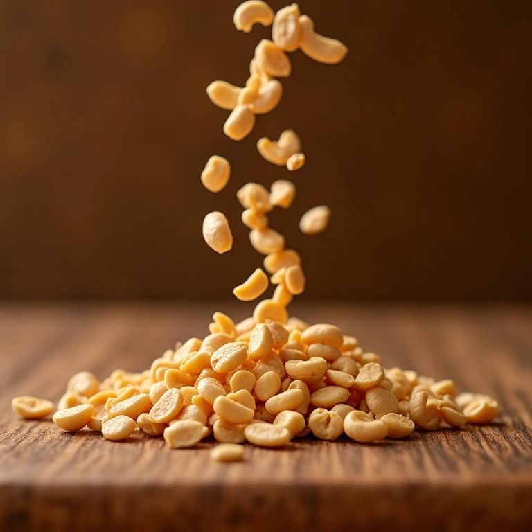 Amendoim torrado e moído adicionando crocância à canjica cremosa.