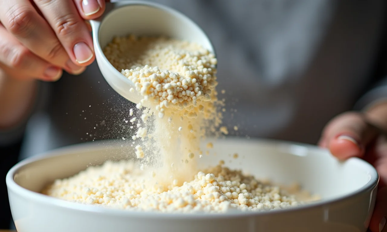 Amido de milho sendo peneirado para garantir a leveza dos sequilhos.
