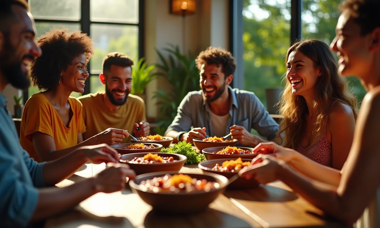 Amigos brasileiros saboreando chili com carne em ambiente alegre e colorido.