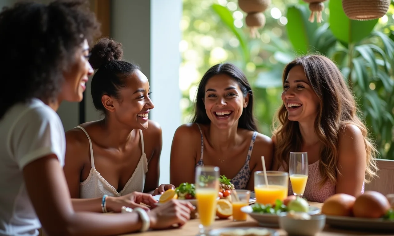 Amigos planejando o cardápio de um brunch caseiro em um ambiente decorado com estilo brasileiro.
