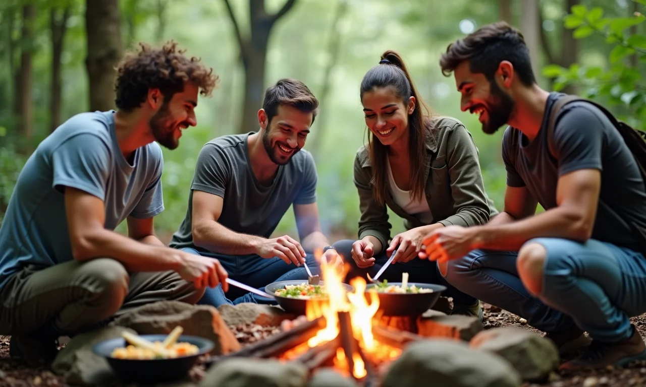 Amigos preparam refeição em acampamento com equipamentos portáteis.