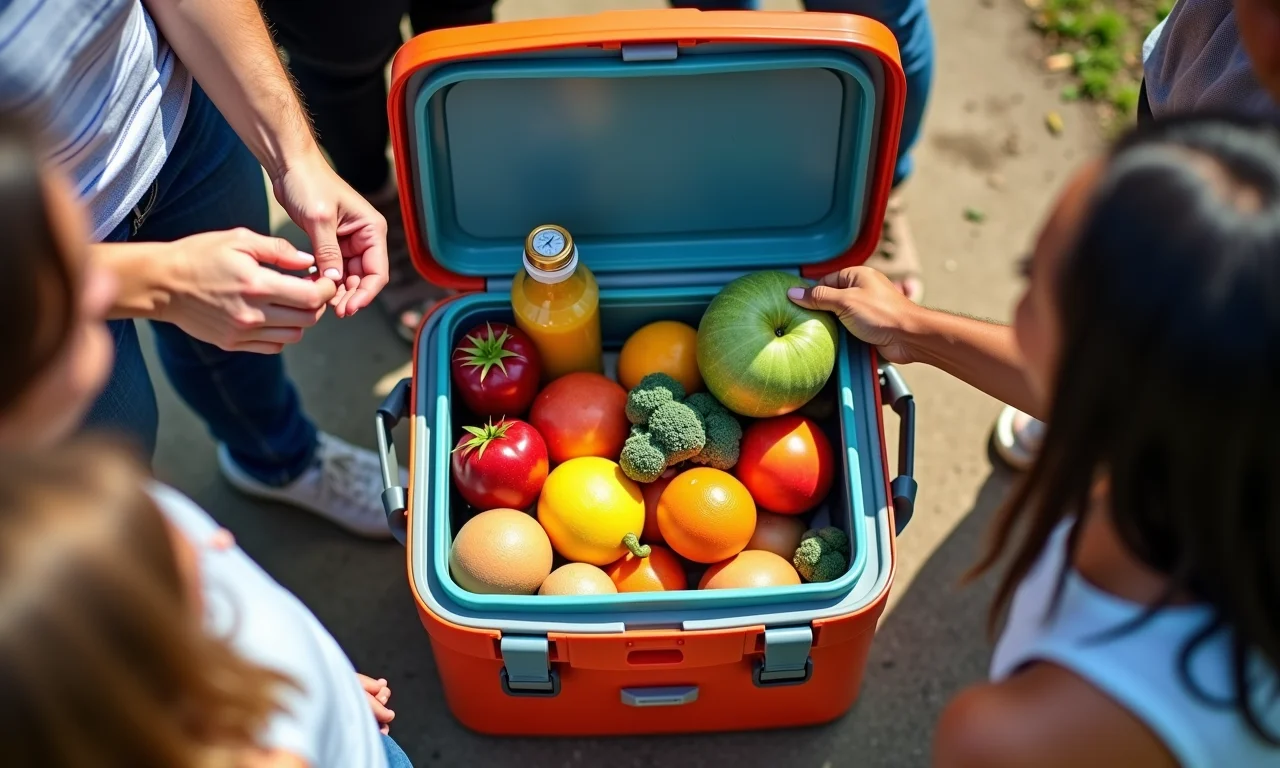Amigos preparando lancheira para viagem com snacks saudáveis e mapa rodoviário.