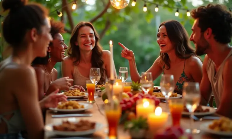 Amigos reunidos em um jantar alegre e vibrante em casa.
