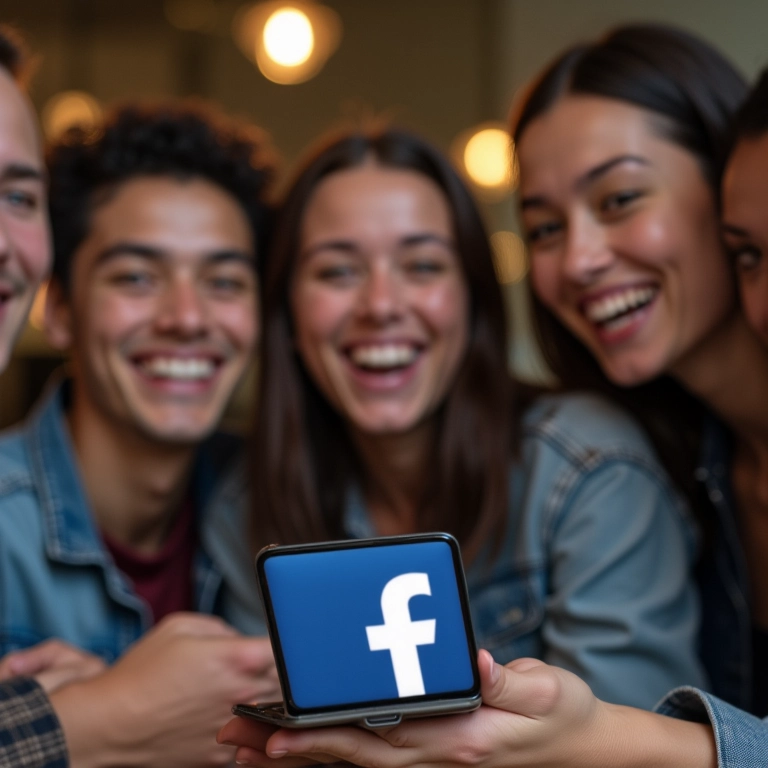 Amigos rindo juntos, Facebook no celular.