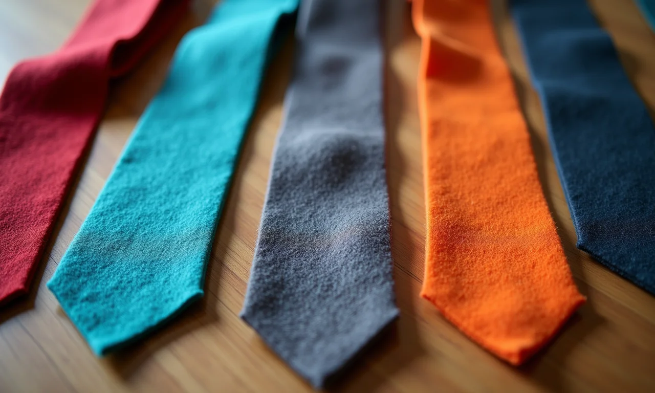 Amostras de feltro em diversas cores e texturas para gravatas infantis.