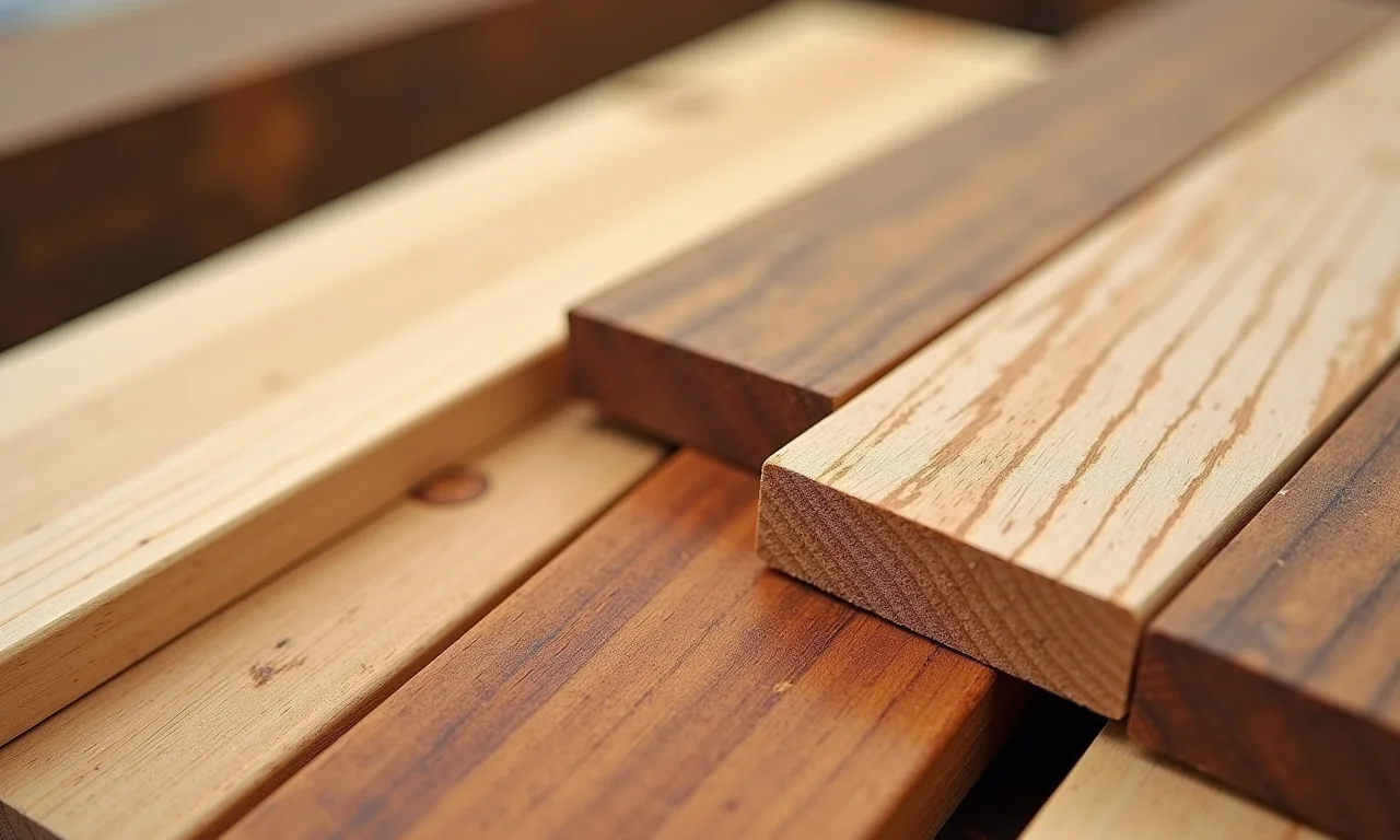 Amostras de madeira para espreguiçadeira: pinho, teca, cedro.