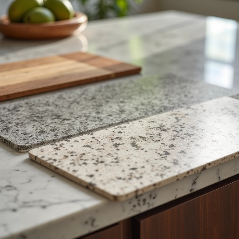 Amostras de materiais para bancada de cooktop: granito, mármore e madeira.