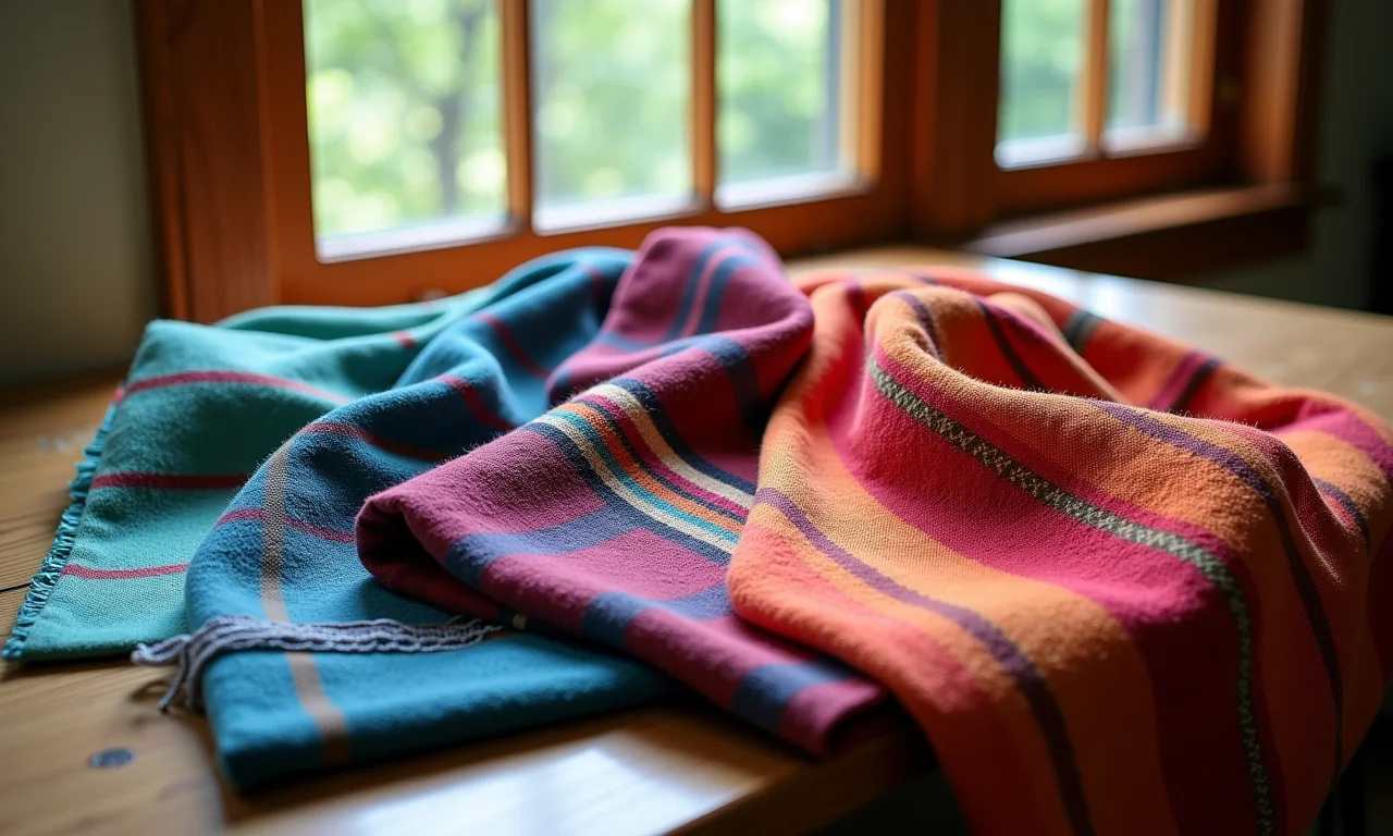 Amostras de tecidos coloridos para a confecção de um poncho.