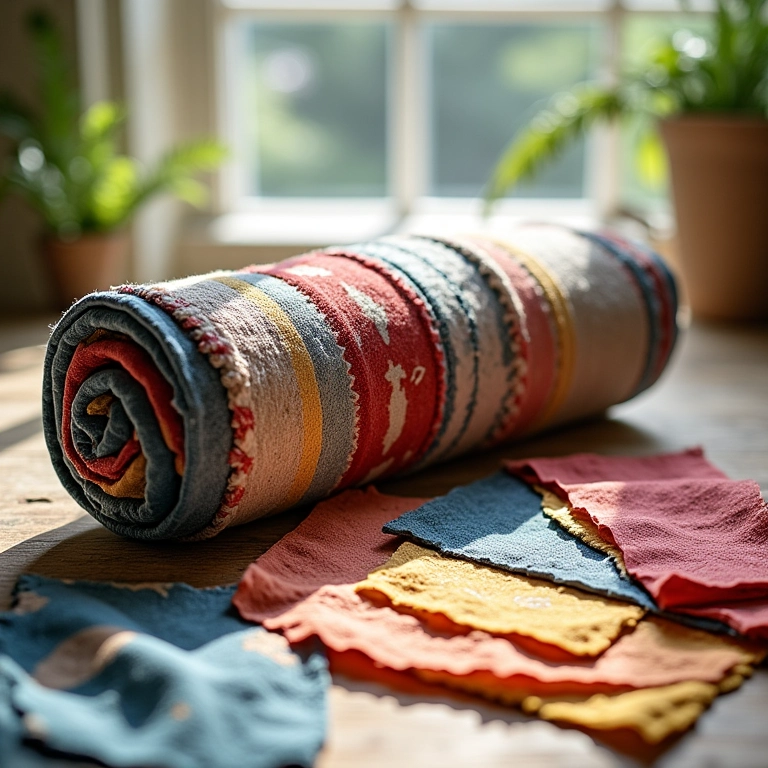 Amostras de tecidos para rolo de cama, texturas e estampas variadas.