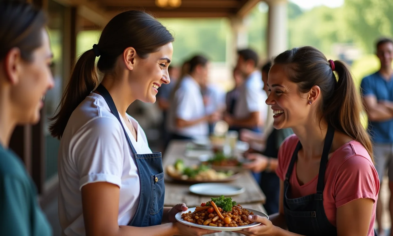 Anfitriã atenciosa interagindo com seus convidados durante o jantar.