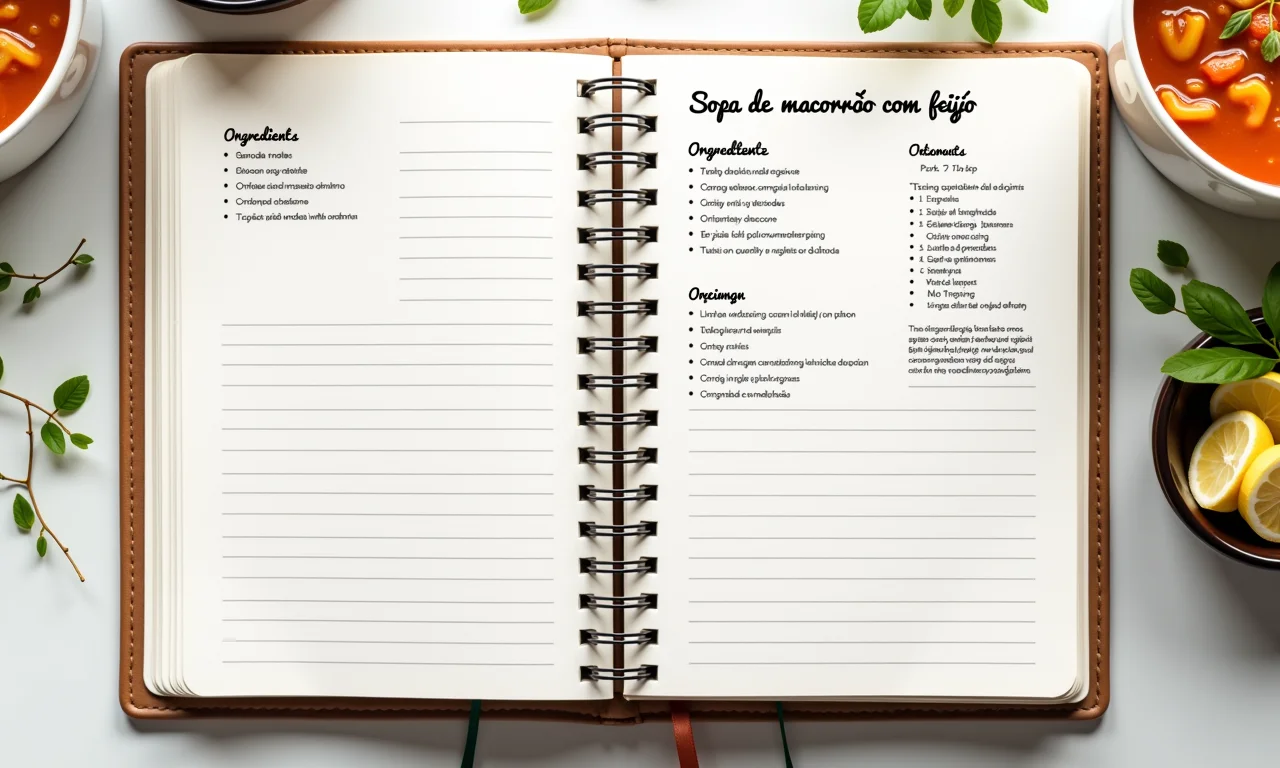 Anotações da receita de sopa de macarrão com feijão.