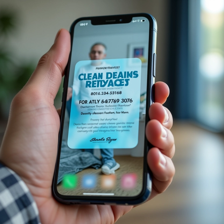 Anúncio de serviço de limpeza rodando em um smartphone, com aparência profissional e mensagem de marketing diversificada.