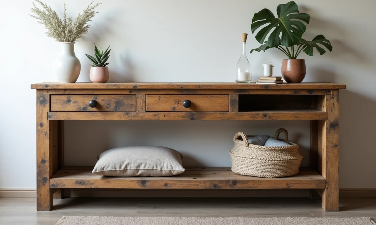 Aparador de paletes com acabamento envelhecido e estilo vintage.