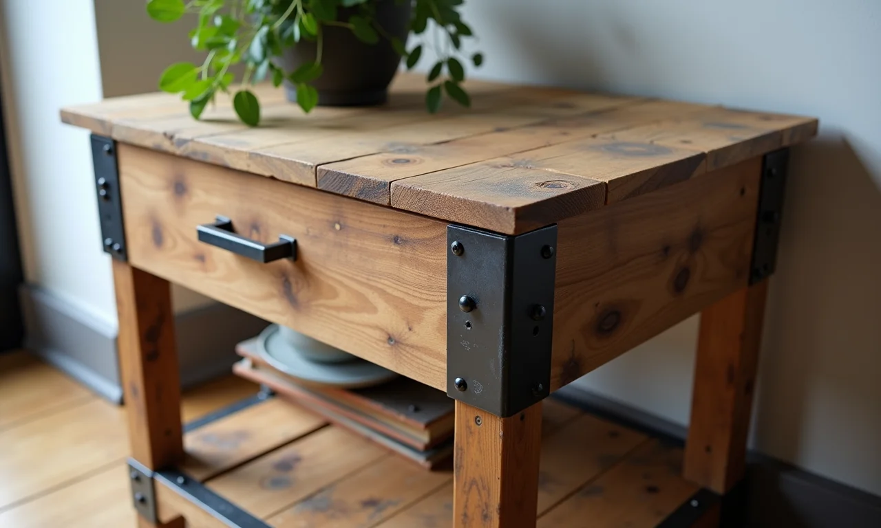 Aparador de paletes com detalhes em metal e toque moderno.