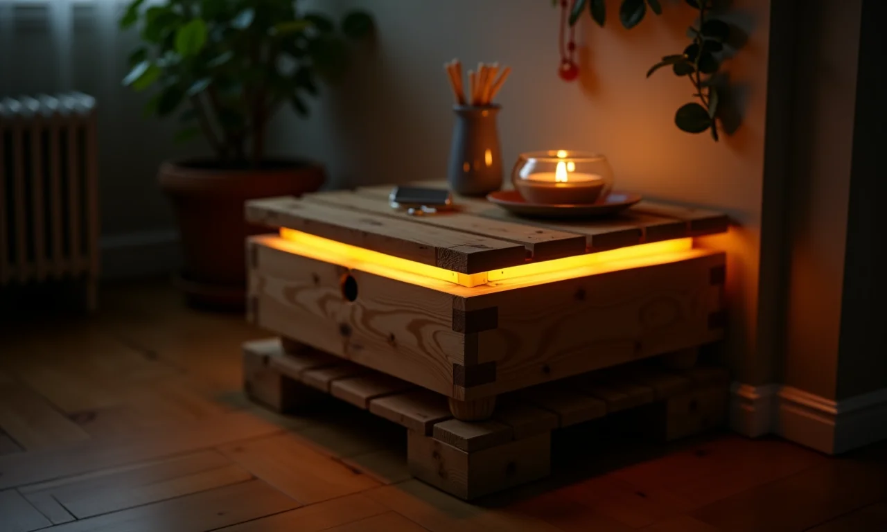 Aparador de paletes com iluminação embutida para um ambiente aconchegante.