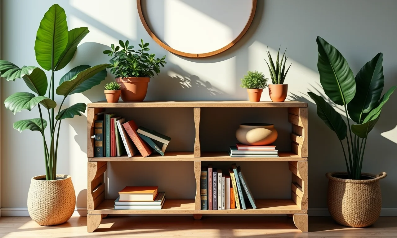 Aparador de paletes com prateleiras e nichos para organização.