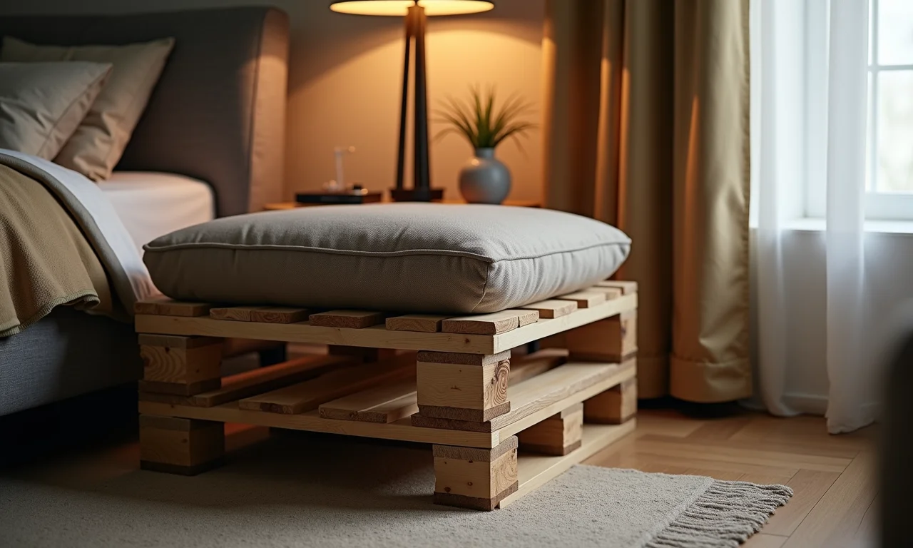 Aparador de paletes com revestimento de tecido e aconchego.